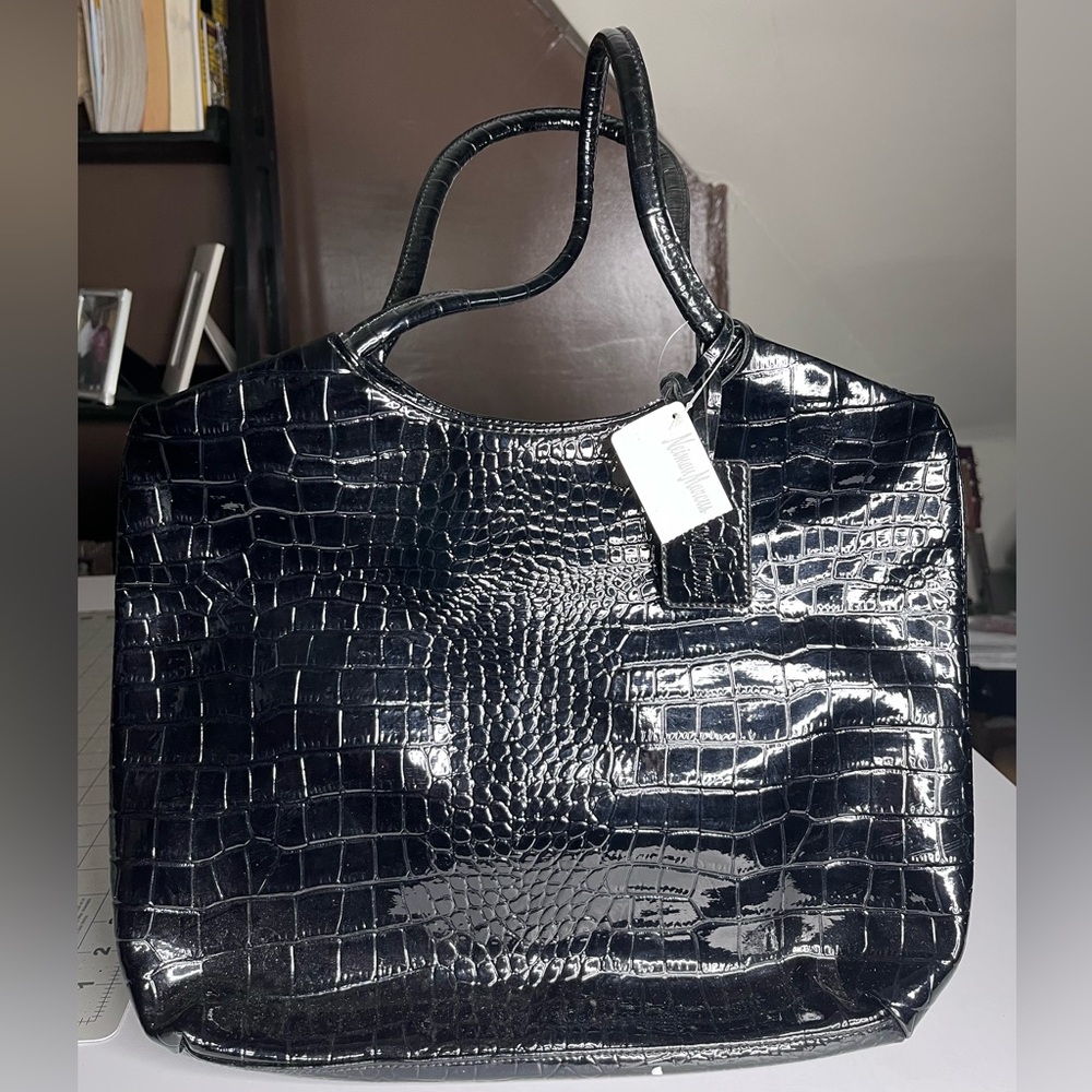 Neiman Marcus Black Croc-Embossed Leather Tote Bag